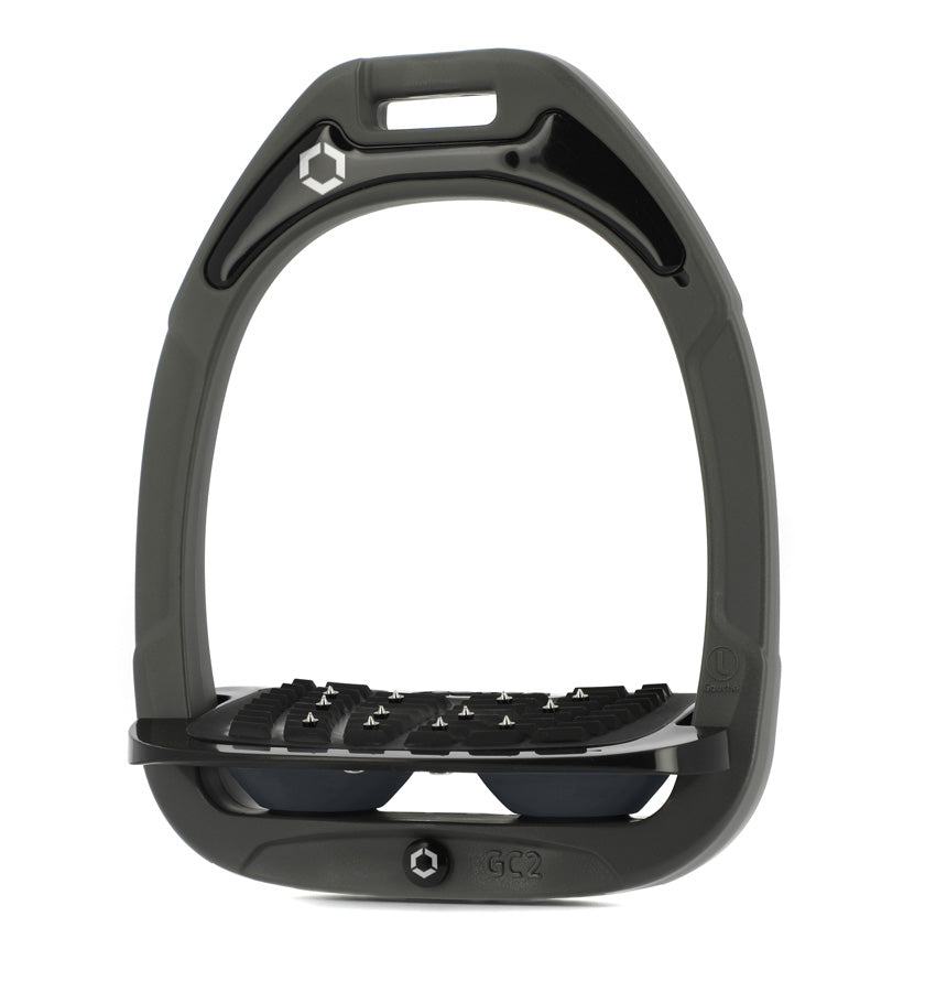 Flex-On Composite Equestrian Stirrups - Dark Gray - with Black Inclined Ultra Grip Footbed; Dk Gray shock absorbers | Malvern Saddlery