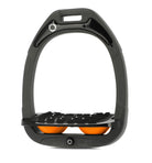Flex-On Composite Equestrian Stirrups - Dark Gray - with Black Inclined Ultra Grip Footbed; orange shock absorbers | Malvern Saddlery
