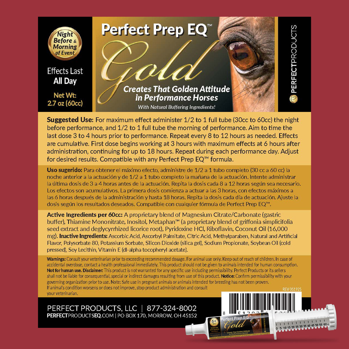 Perfect Prep EQ Gold Long-Acting Calming Paste - label and directions | Malvern Saddlery