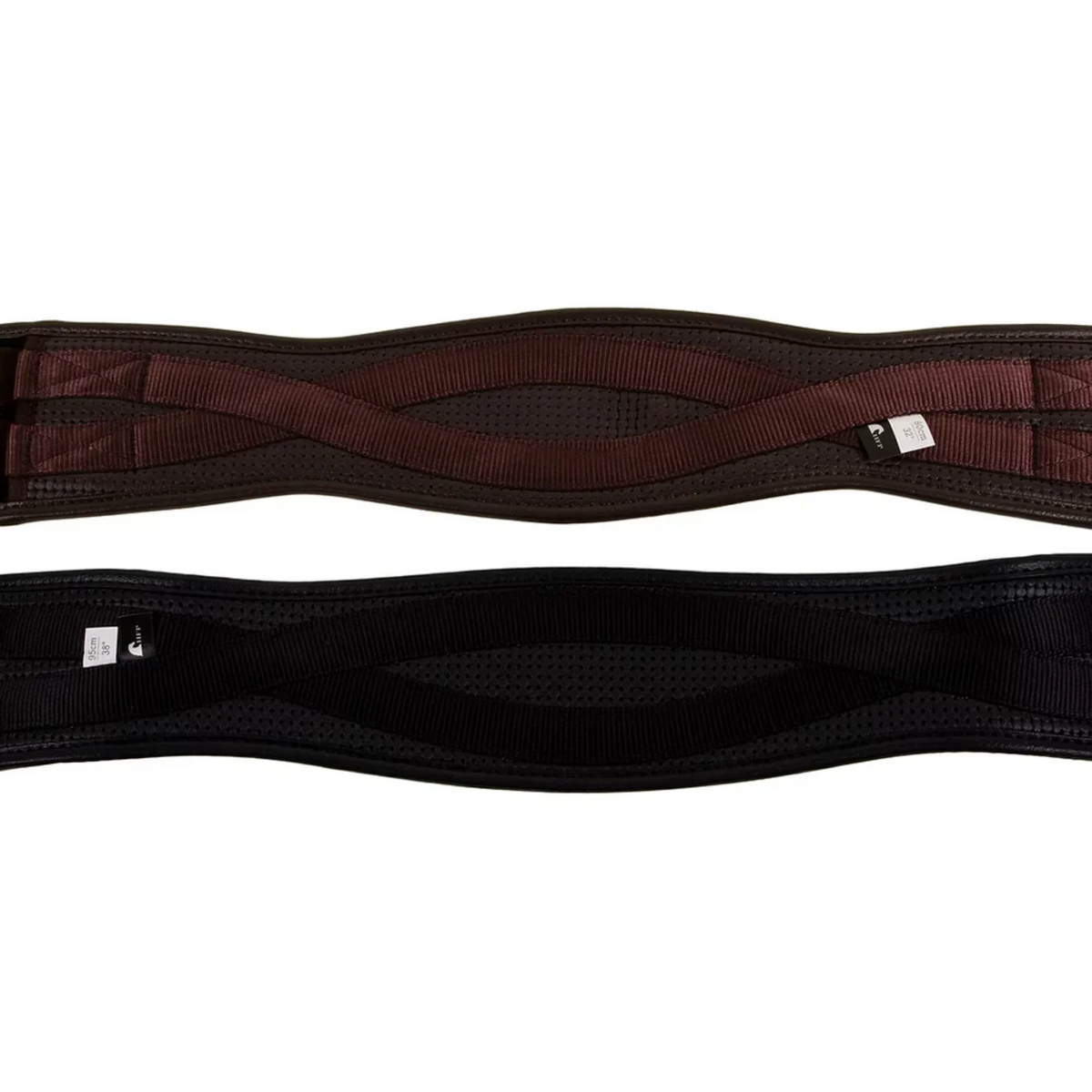 Horse Fare contoured PVC English girth in dark brown and black showing dual elastic ends and wipe-clean material