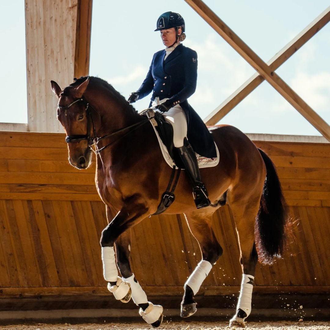 Horse Pilot Long Frac Shadbelly - Blue, shown on rider | Malvern Saddlery