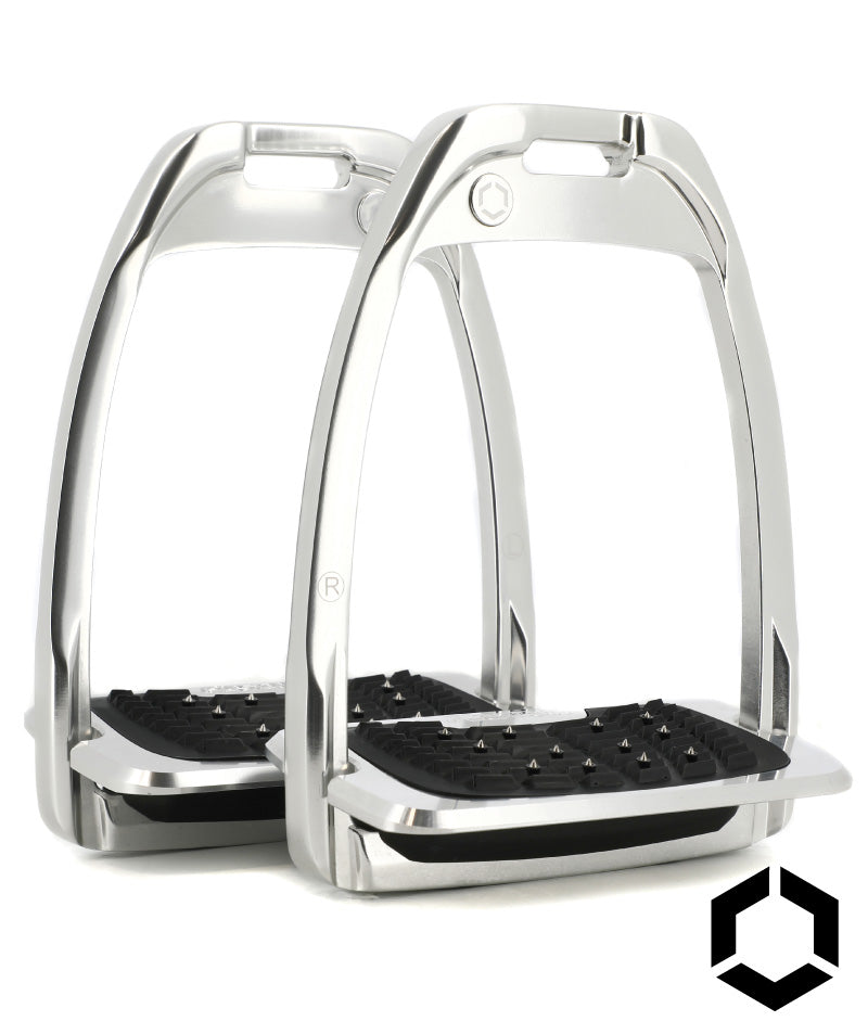 Pair of Flex-On Hunter H Equestrian Stirrups - Silver Frame, black shock absorbers, Inclined Ultra Grip Footbed | Malvern Saddlery