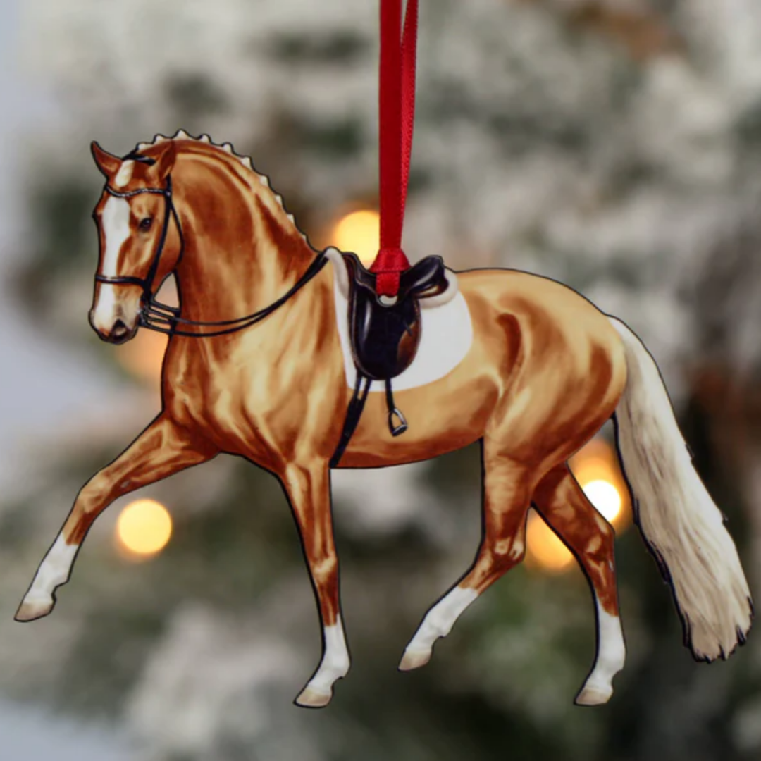 Half Pass Dressage Horse Ornament - Palomino; on blurred background | Equestrian Gifts