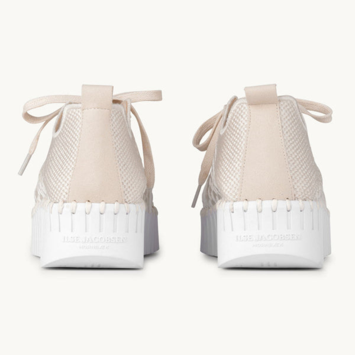 Back view of the pair of Ilse Jacobsen Tulip 4271 embroidered platform sneakers in Kit White showcasing heel tabs, stitched construction, and platform soles