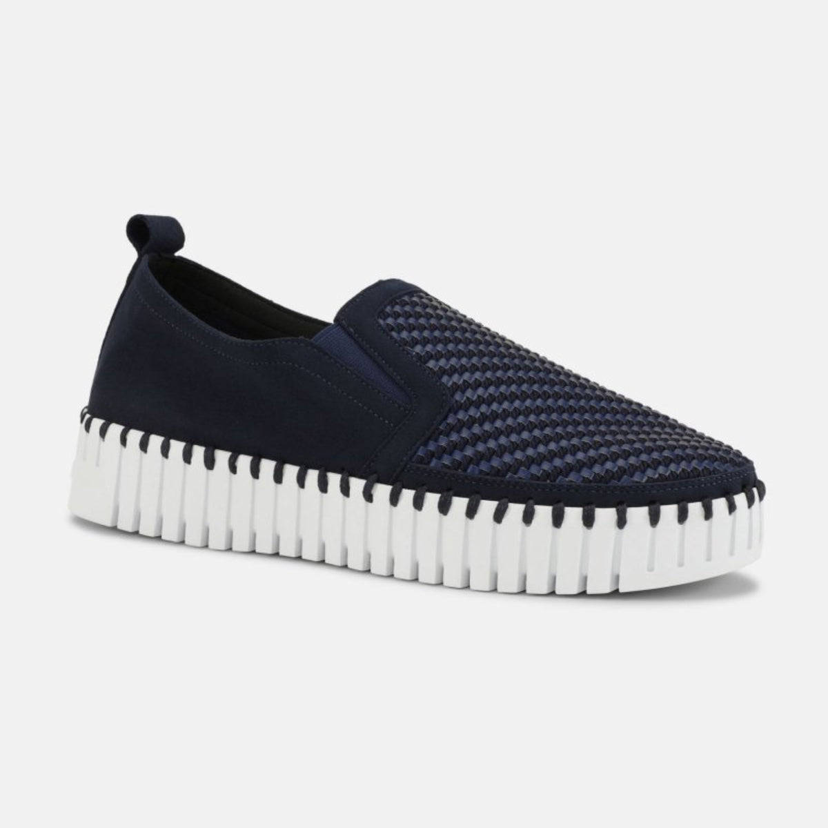 Women's Ilse Jacobsen Tulip indigo blue slip-on sneaker with textured woven microfiber upper and flexible white platform outsole.