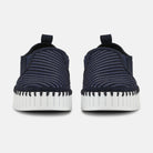 Front view of women's Ilse Jacobsen Tulip indigo blue slip-on shoes with textured woven uppers and flexible white platform soles.