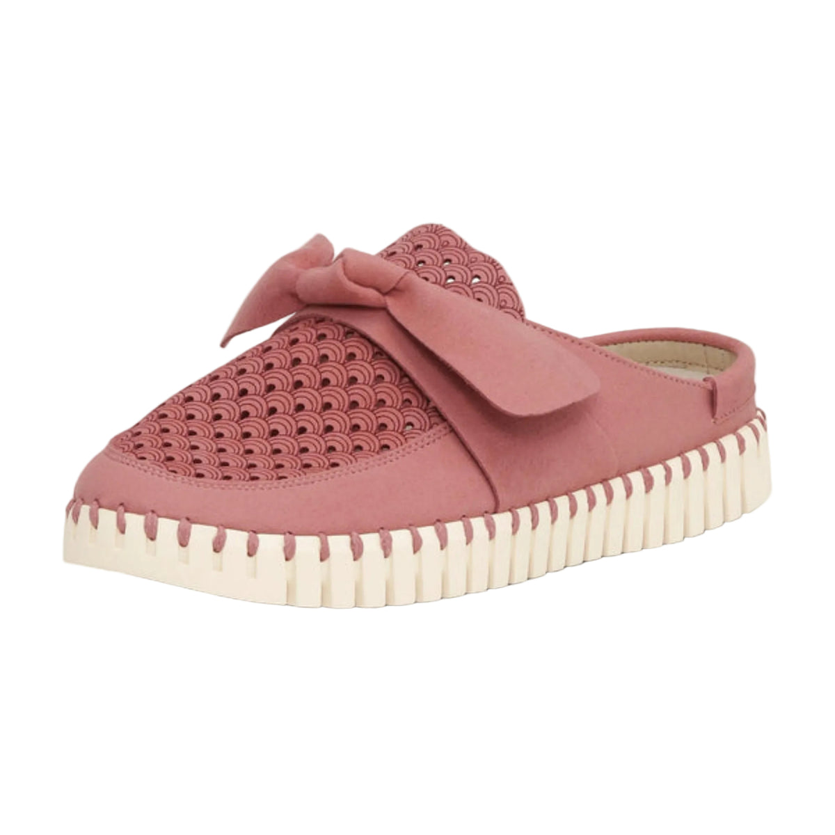 Ilse Jacobsen Tulip bow slip-on mule in rouge pink with perforated microfiber upper and cushioned white sole.