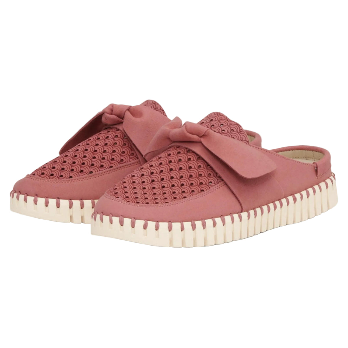 Side profile of women's Ilse Jacobsen Tulip pink bow slip-on mule shoes with laser-cut breathability and cushioned soles.