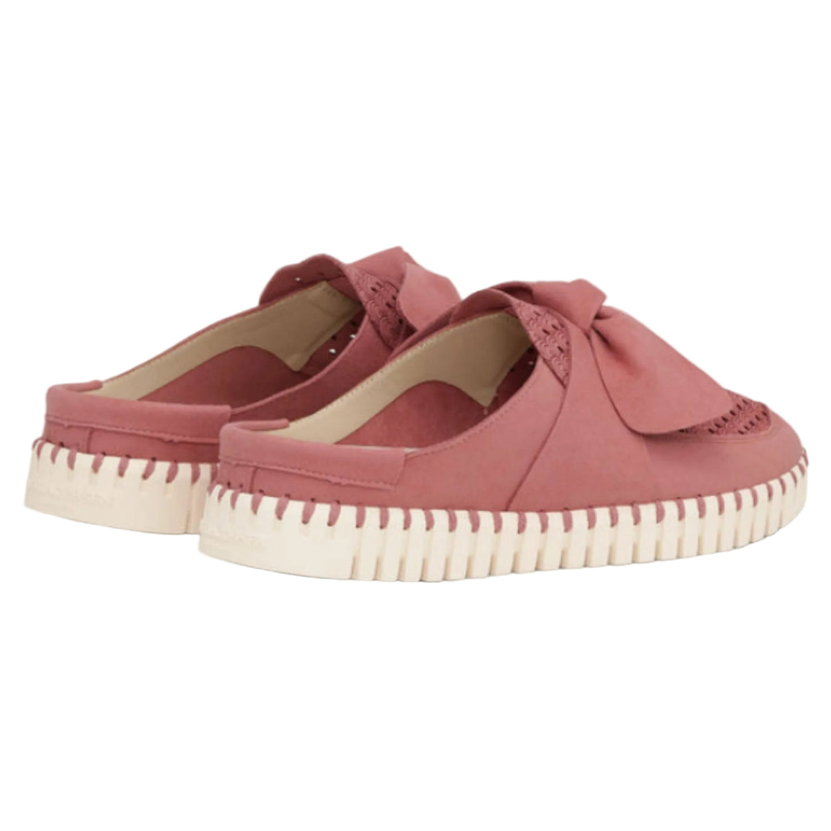 Rear view of Ilse Jacobsen Tulip bow slip-on mules in rouge pink showing backless design and white cushioned sole.