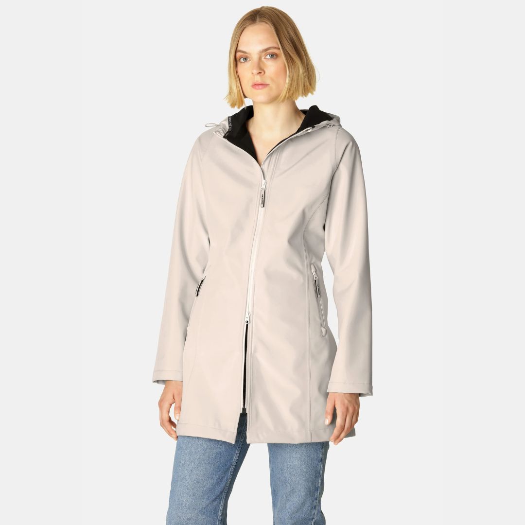Ilse Jacobsen Softshell Raincoat - Sand; shown on woman wearing jeans | Malvern Saddlery