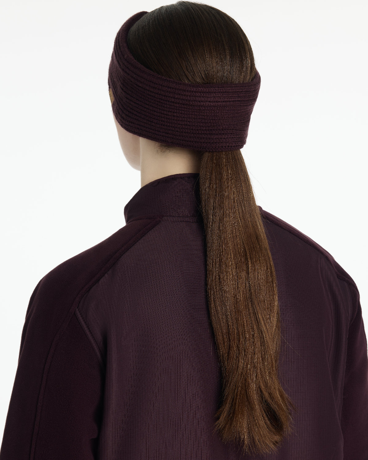 LeMieux Clara Rib Headband - Damson Maroon, back view on model | Cold Weather Shop | Malvern Saddlery