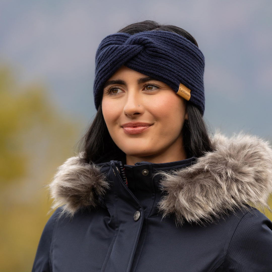 LeMieux Clara Rib Headband - Navy, on woman outdoors | Cold Weather Shop | Malvern Saddlery