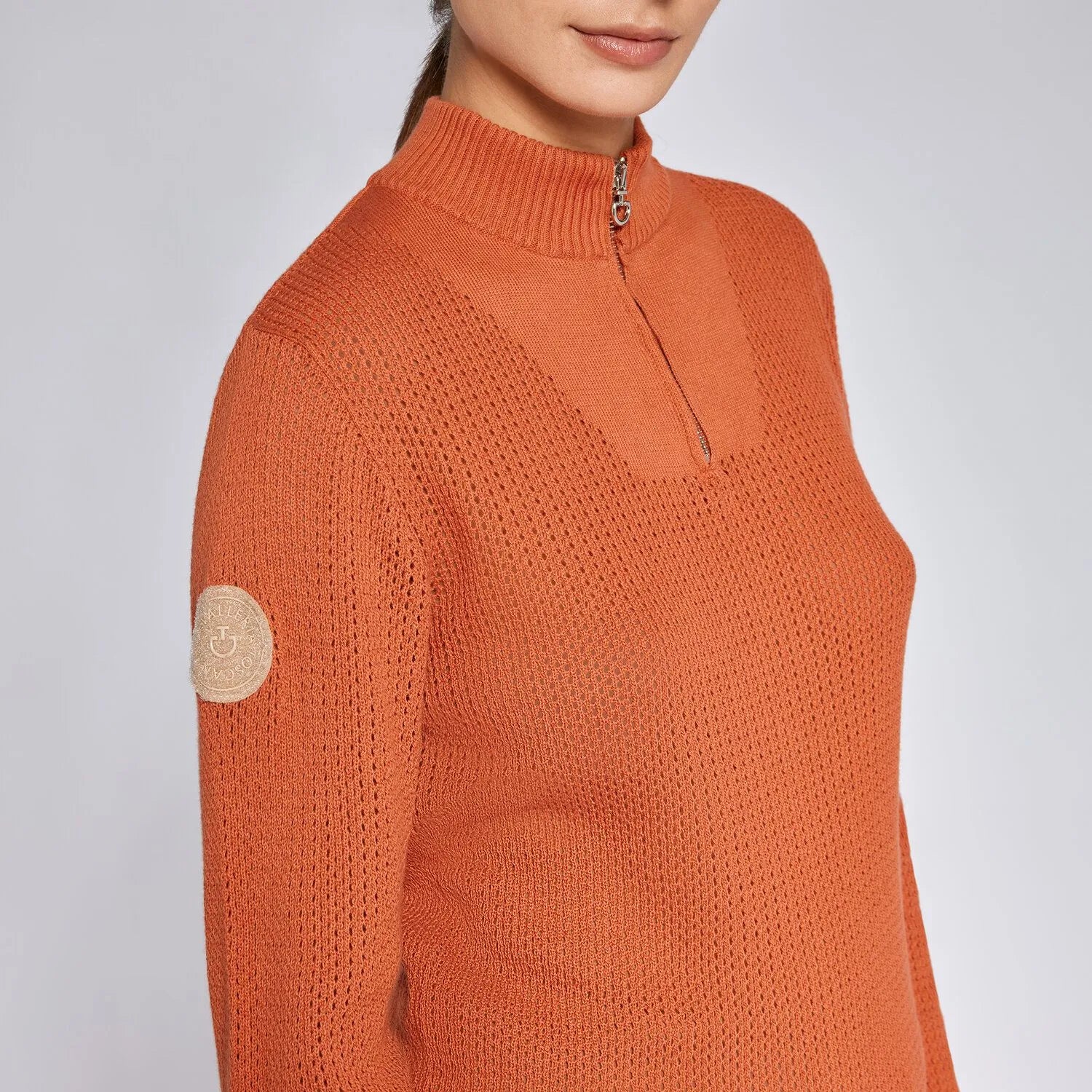 Cavalleria Toscana Ladies' 1/4 Zip Cotton Sweater, Earthenware, detail view | Malvern Saddlery