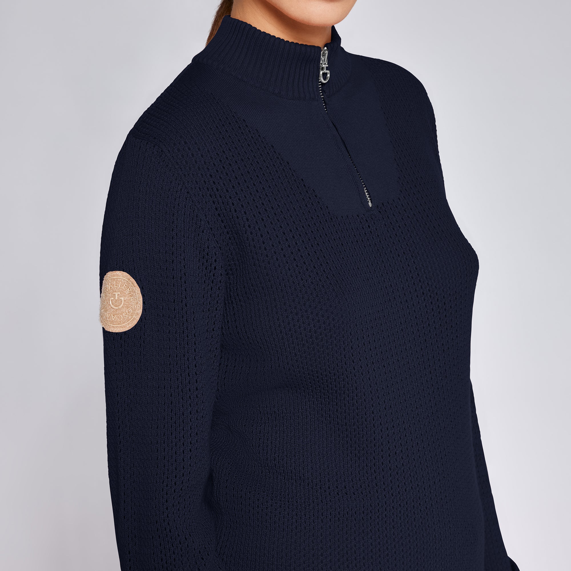 Cavalleria Toscana Ladies' 1/4 Zip Cotton Sweater, Navy, detail view | Malvern Saddlery