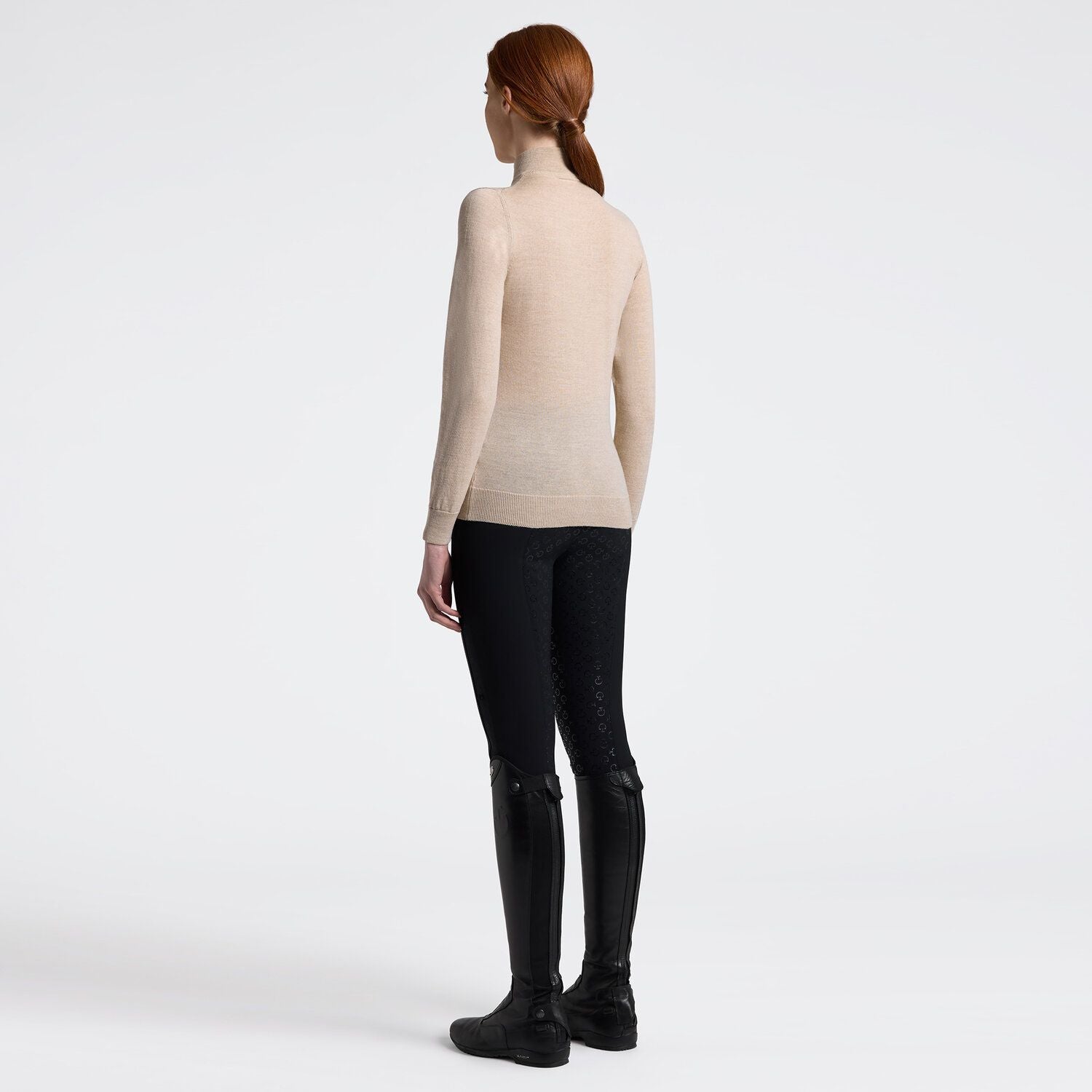 Cavalleria Toscana Women's Half Zip Sweater in Knitted Wool - Stone, back view on model full body | Malvern Saddlery