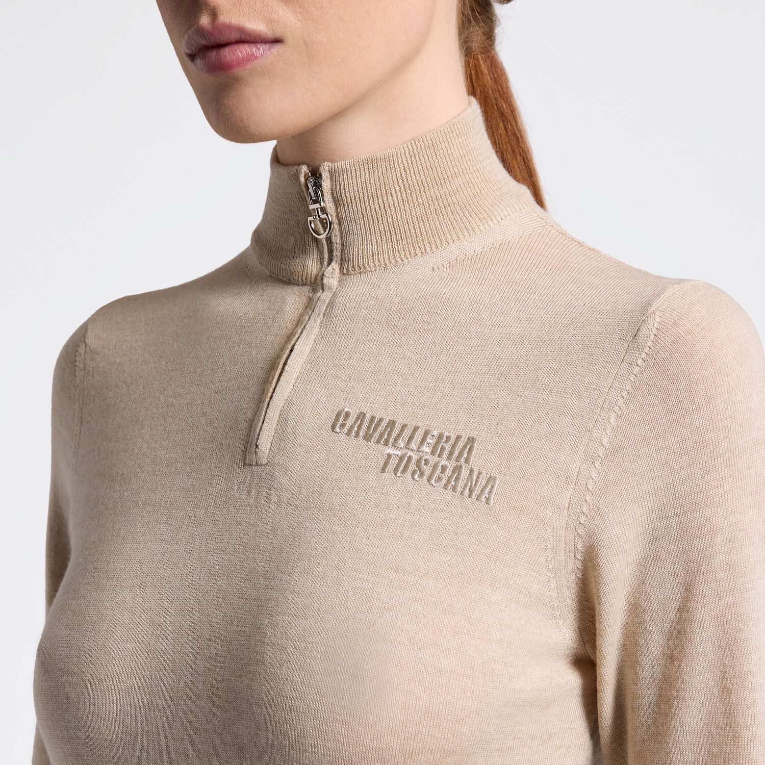 Cavalleria Toscana Women's Half Zip Sweater in Knitted Wool - Stone | Malvern Saddlery