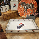 Home Decor Store display with glass jumper vanity tray, matchbox cover & tissue box cover, plus large equus tray | Malvern Saddlery