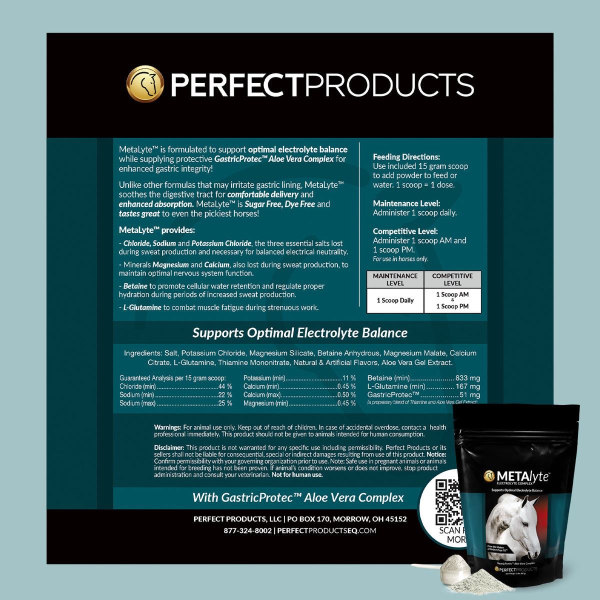 Perfect Products MetaLyte Electrolyte Complex Powder - label and directions | Malvern Saddlery