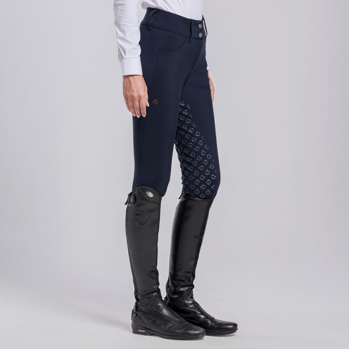 Cavalleria Toscana Women's American Full Grip Breeches - Navy, front view on model | Malvern Saddlery