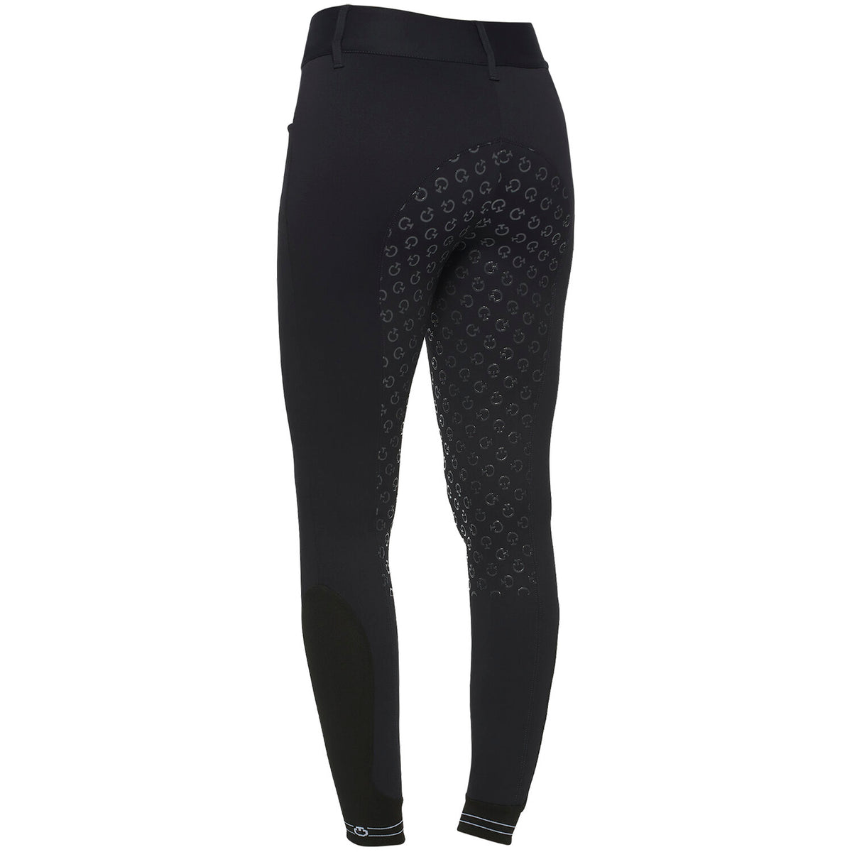 Cavalleria Toscana Women's Perforated Logo Tape Full Grip Breeches - Black, logo tape close-up | Malvern Saddlery