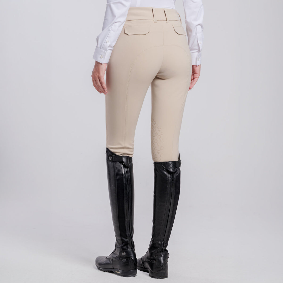 Cavalleria Toscana Women's Knee Grip Breeches with Back Pockets - Beige, back view on model | Malvern Saddlery