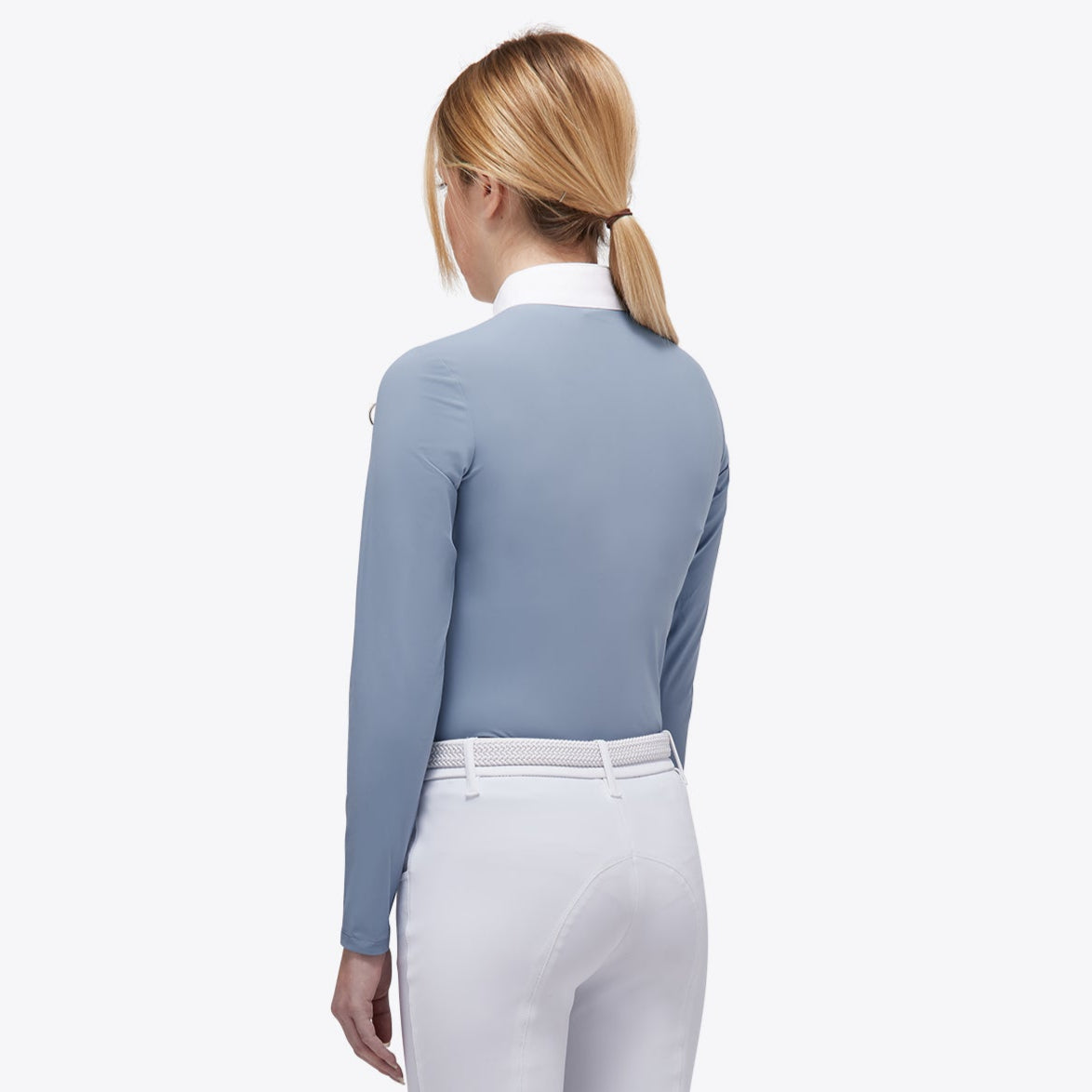 Cavalleria Toscana Girl's Jersey Zip Competition Polo - Light Blue; back view | Young Rider Show Shirts | Malvern Saddlery