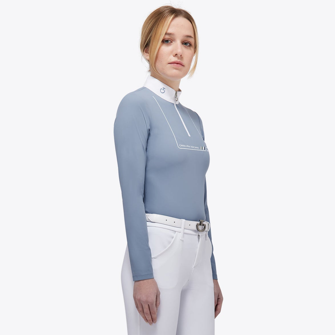 Cavalleria Toscana Girl's Jersey Zip Competition Polo - Light Blue | Young Rider Show Shirts | Malvern Saddlery