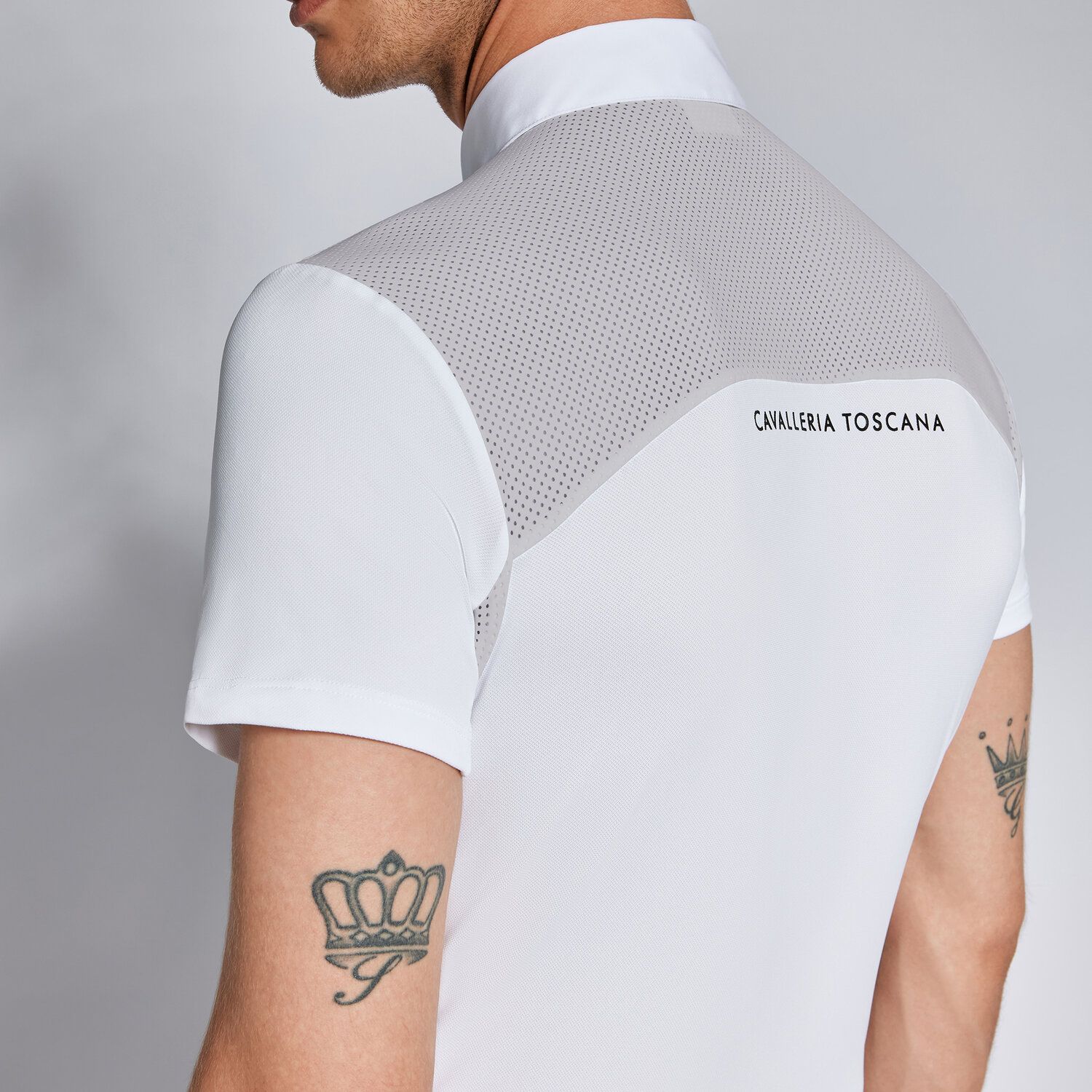 Cavalleria Toscana Men's competition polo shirt  white/gray, back view,detail | Malvern Saddlery