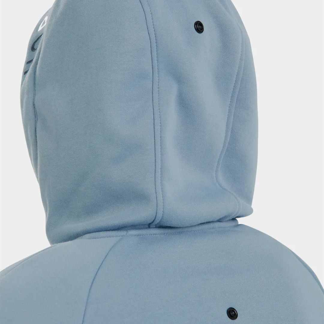 Horse Pilot Pampa Fleece Jacket - Ashley Blue, back view hood snap detail | Malvern Saddlery