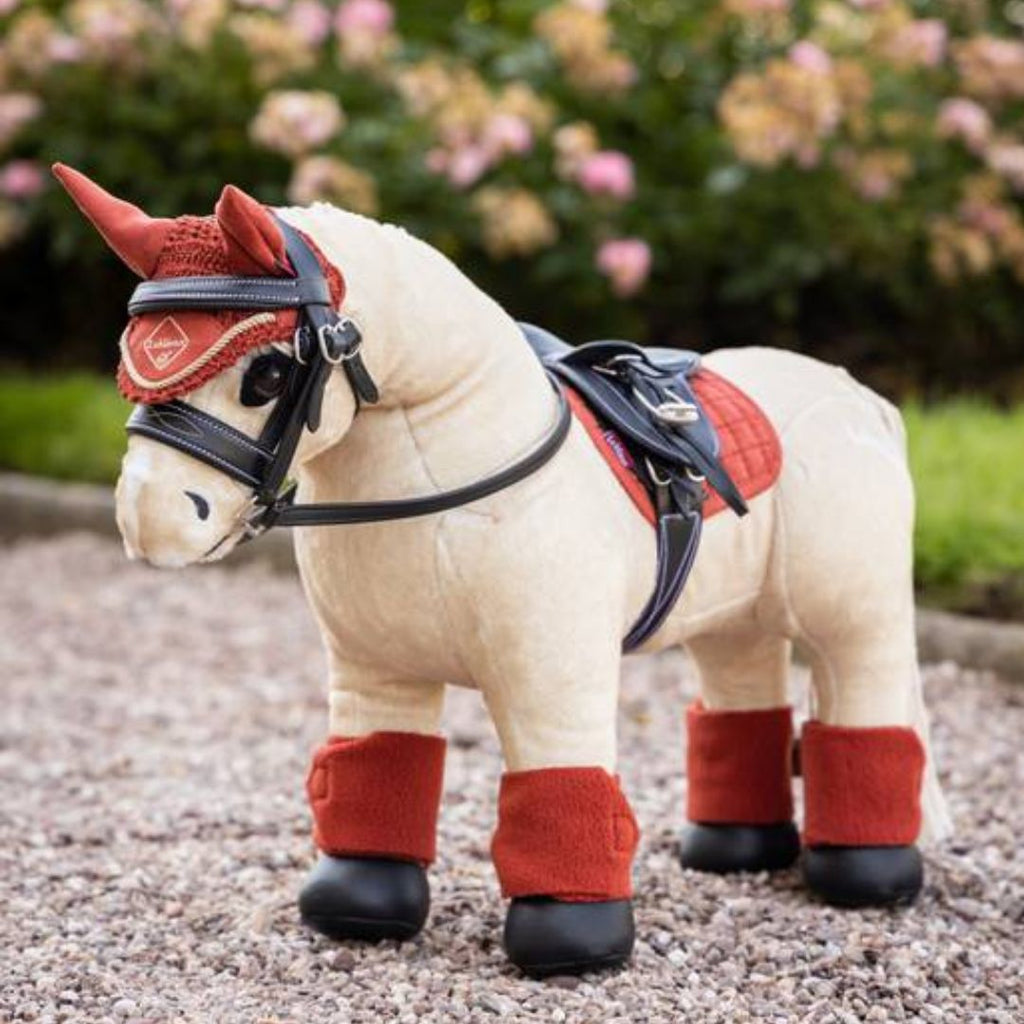 LeMieux Toy Pony - Popcorn - Palomino, shown with accessories in terracotta & black | Malvern Saddlery