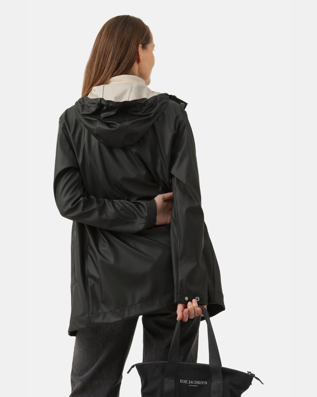 Ilse Jacobsen Spring-Summer Raincoat - Black, shown on model, back view | Women's Outerwear | Malvern Saddlery