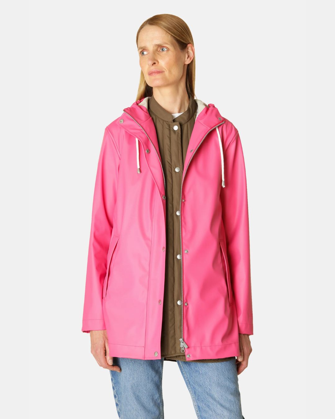 Ilse Jacobsen Spring-Summer Raincoat - Magenta, shown on model | Women's Outerwear | Malvern Saddlery