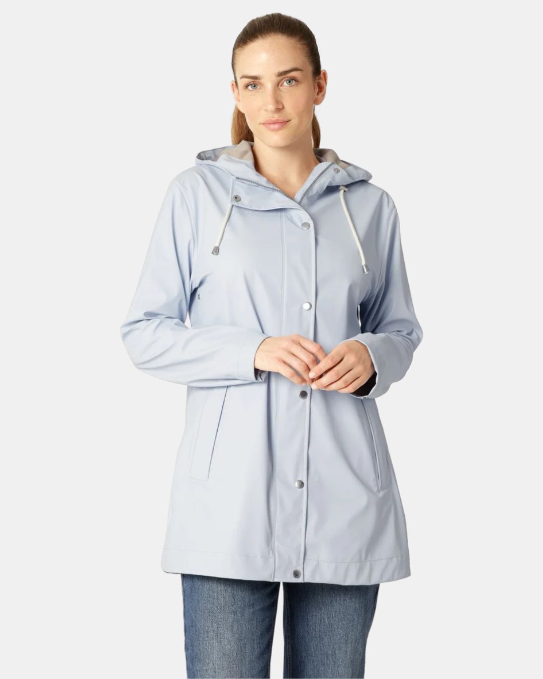 Ilse Jacobsen Spring-Summer Raincoat - Ice Blue, shown on model | Women's Outerwear | Malvern Saddlery