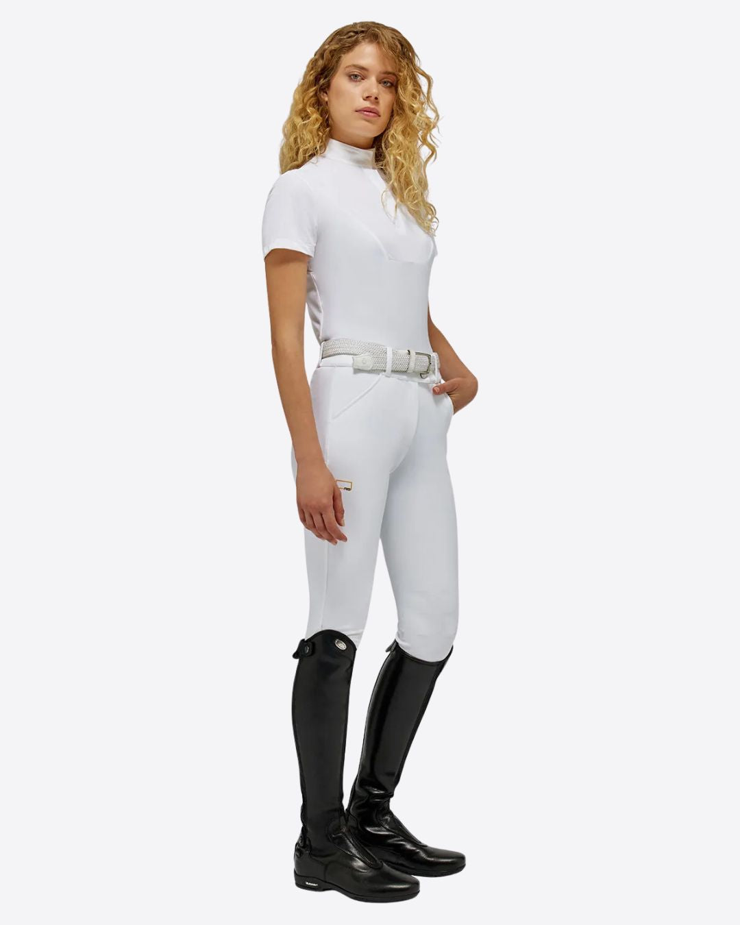 Rider's Gene Ladies Competition Polo Shirt - White, shown on model on white background | Equestrian Show Shirts | Malvern Saddlery