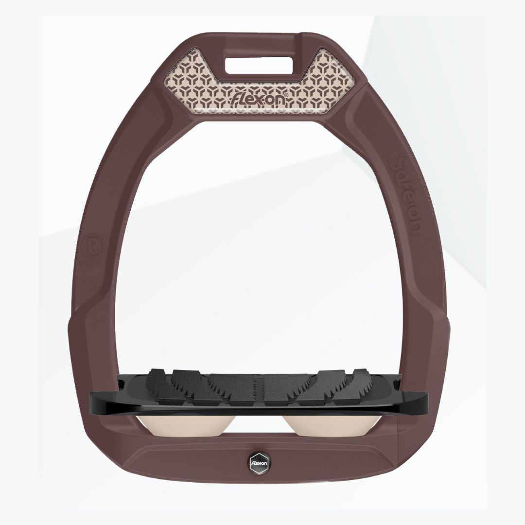 Flex-On Safe-On Stirrup; brown, milkshake, black flat regular footbed | Malvern Saddlery