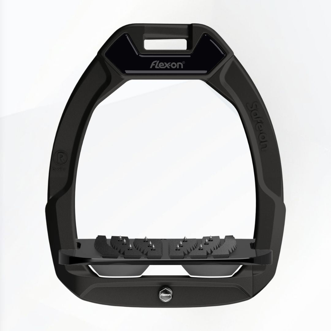 Flex-on SafeOn Equestrian Stirrup - black, tray, magnet, dark gray shock absorber, inclined ultra grip | Malvern Saddlery