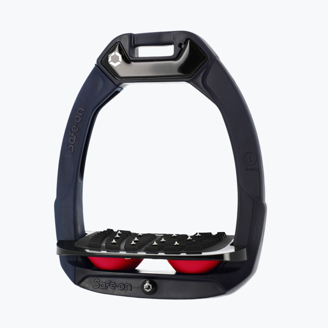 Flex-on Safe-On Stirrup - Navy frame, black footbed, red elastomers