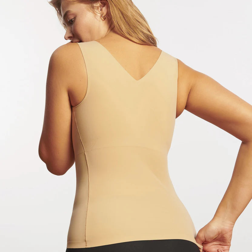 Evelyn &  Bobbie Defy Tank Bra Camisole - Sand, back view shown on model | Malvern Saddlery