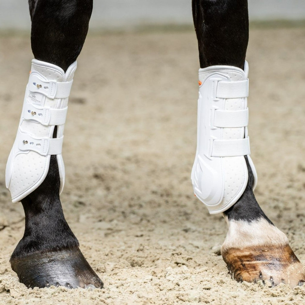 Schockemöhle Air Flow Dressage Tendon Boot -White, shown on horse, lower leg detail | Malvern Saddlery