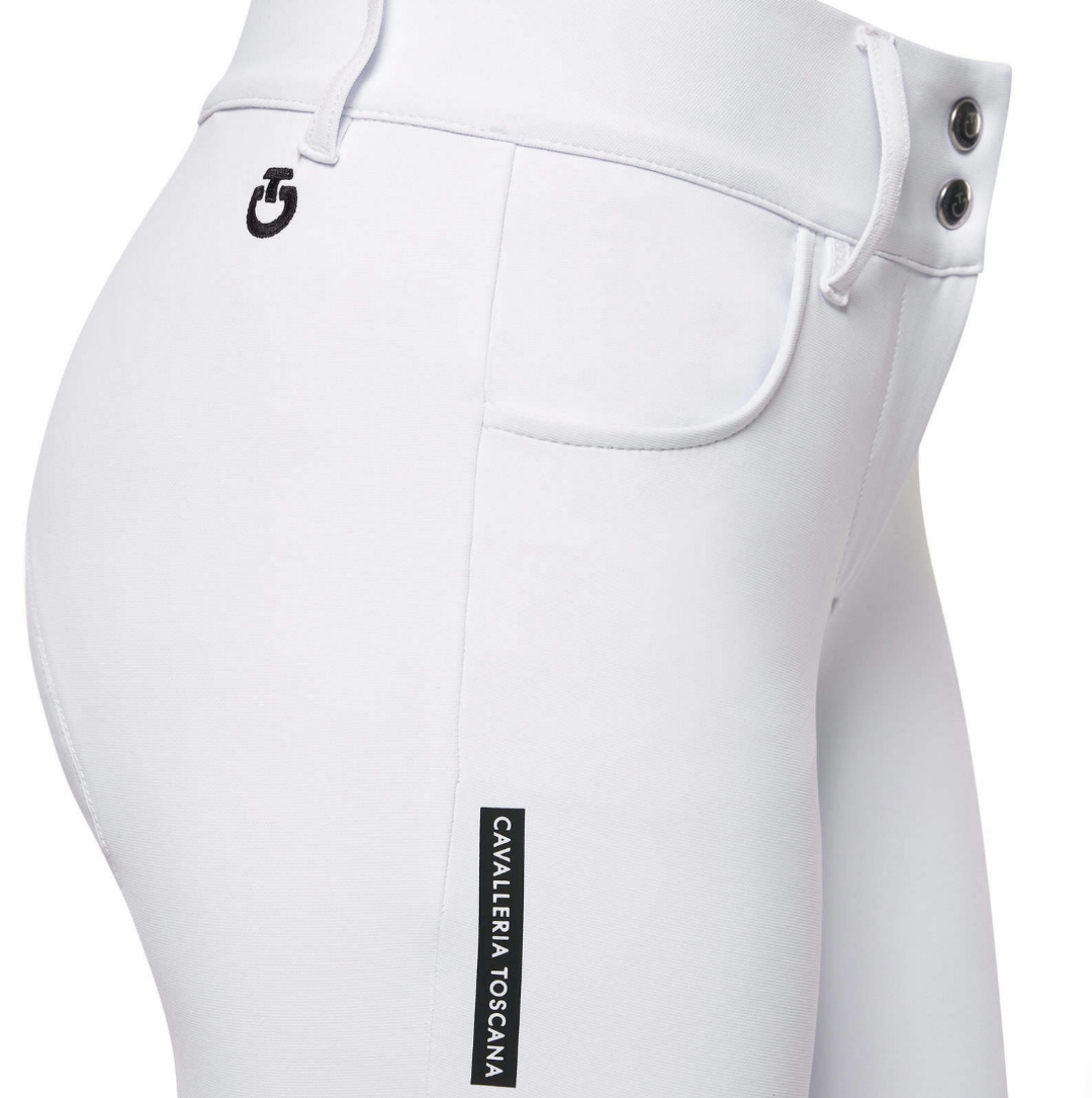 Cavalleria Toscana Women's Logo Jumping Breeches - White; close up side waist area | Malvern Saddlery