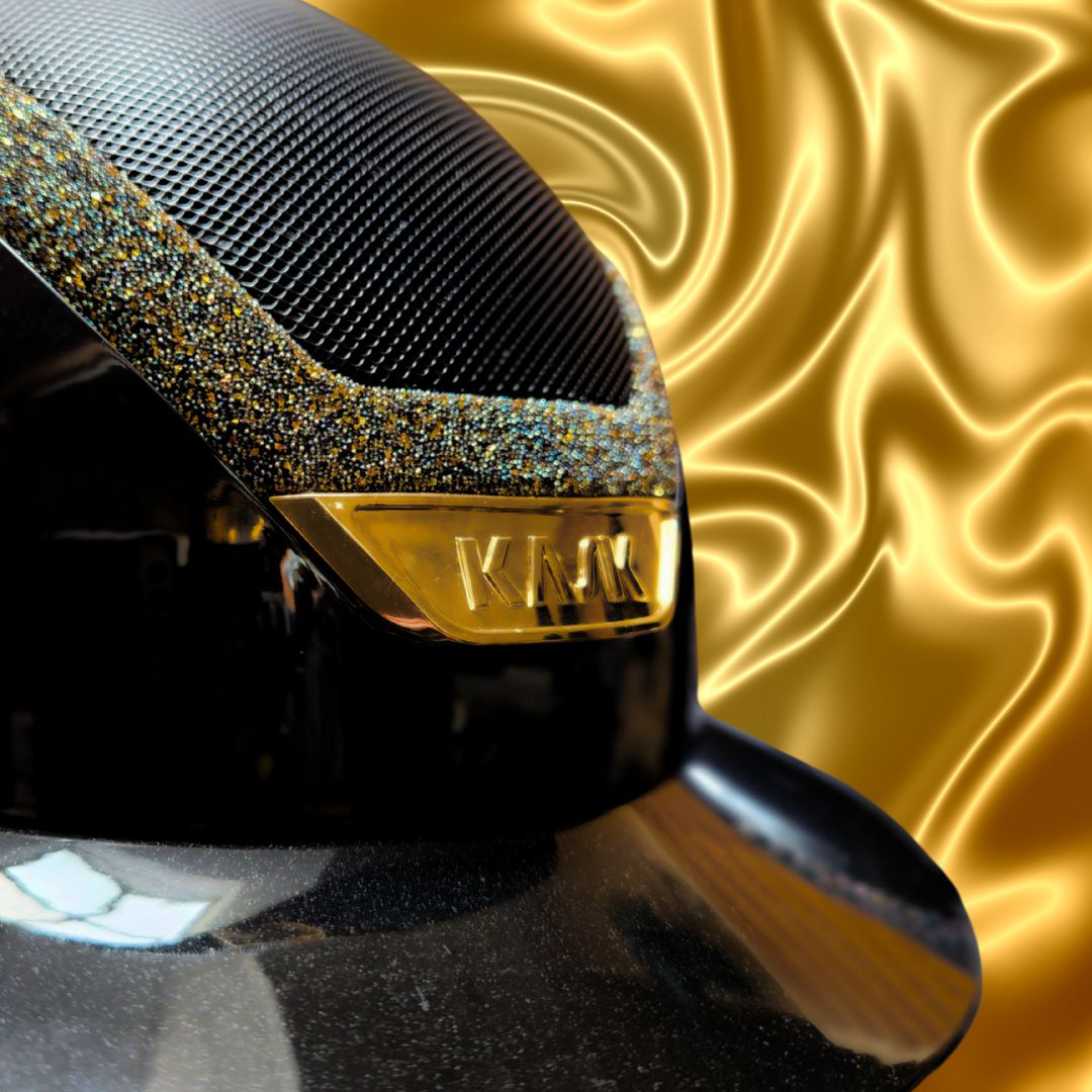 KASK Star Lady Pure Shine Crystal Frame Equestrian Helmet - Black shell with Gold Crystal Carpet frame | Custom Helmet Designs | Malvern Saddlery