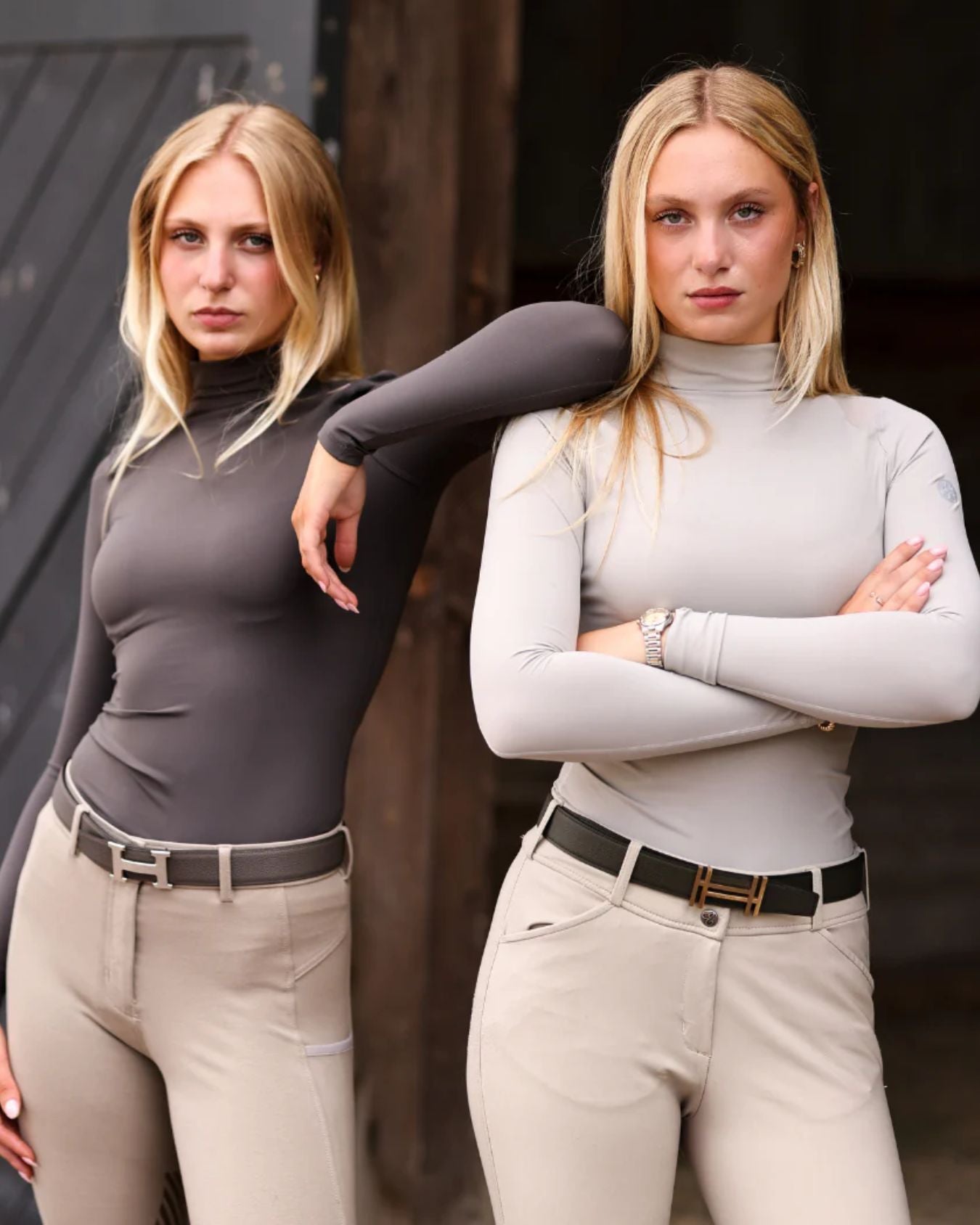 TKEQ CHLOE High Collar Technical Top - Silver Gray & Slate Gray, shown on 2 women | Malvern Saddlery