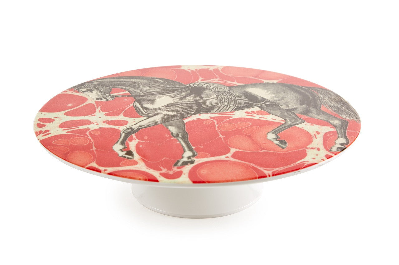 Equestrian Cake Stand - vintage horse print on red marbled background Melamine | Malvern Saddlery
