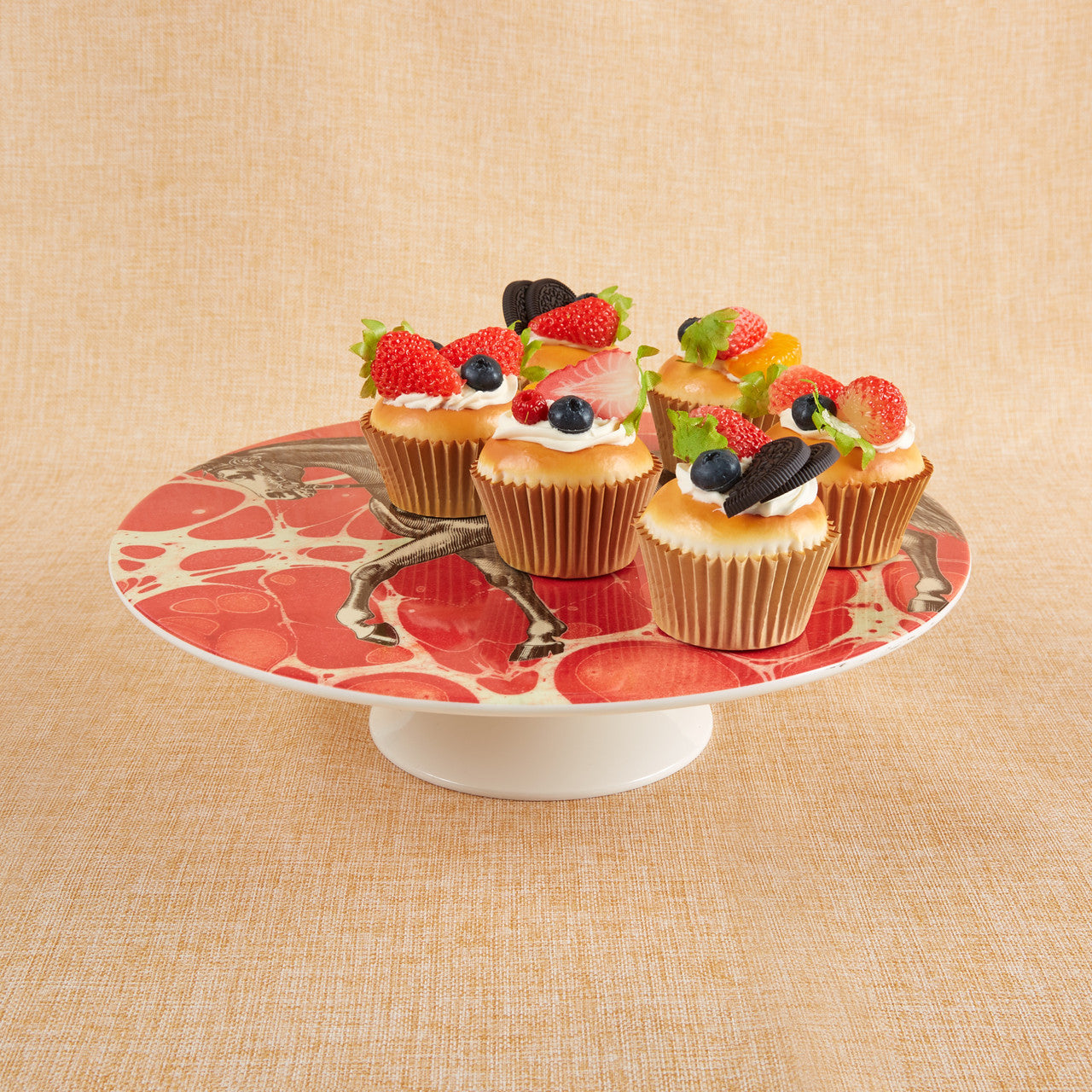 Equestrian Cake Stand - vintage horse print on red marbled background Melamine, shown with 6 cupcakes | Malvern Saddlery