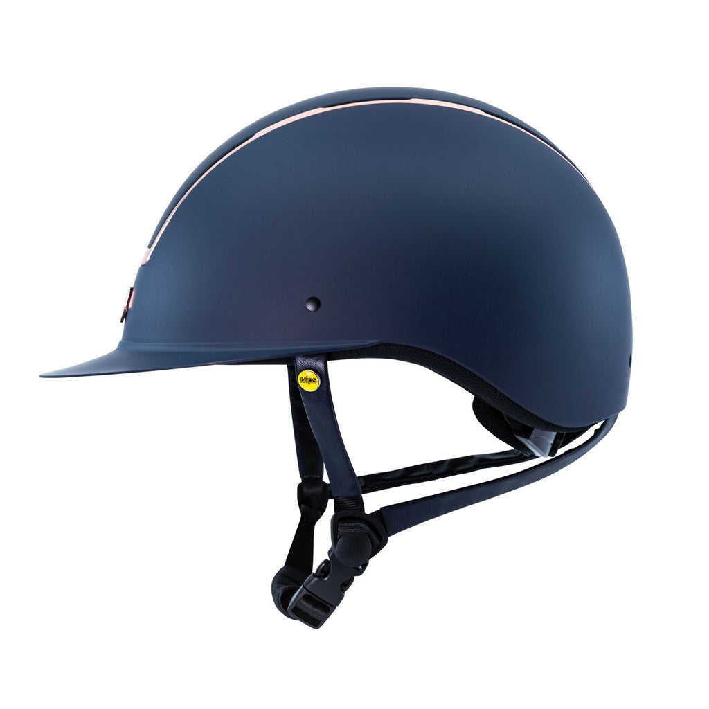 Tipperary Windsor MIPS® Equestrian Riding Helmet, navy with rose gold, side view | Malvern Saddlery