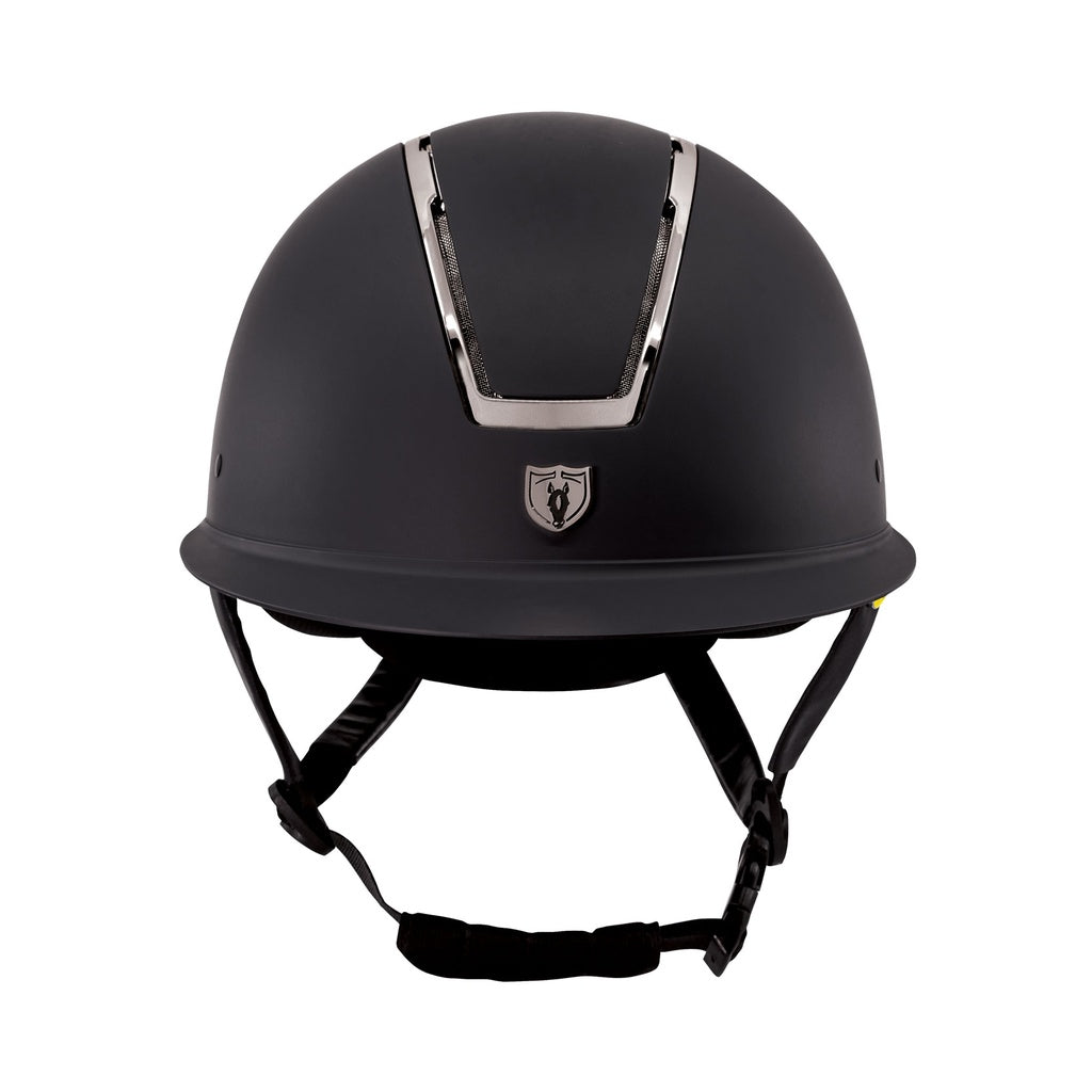 Tipperary Equestrian Windsor MIPS® Wide Brim Helmet; Black Matte with Smoked Chrome; front view | Malvern Saddlery