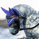 LeMieux Toy Pony Crochet Fly Bonnet - Bluebell, shown on 'Sam' with black bridle | Malvern Saddlery