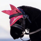 LeMieux Toy Pony Crochet Fly Bonnet - Watermelon, shown on 'Skye' with black bridle | Malvern Saddlery