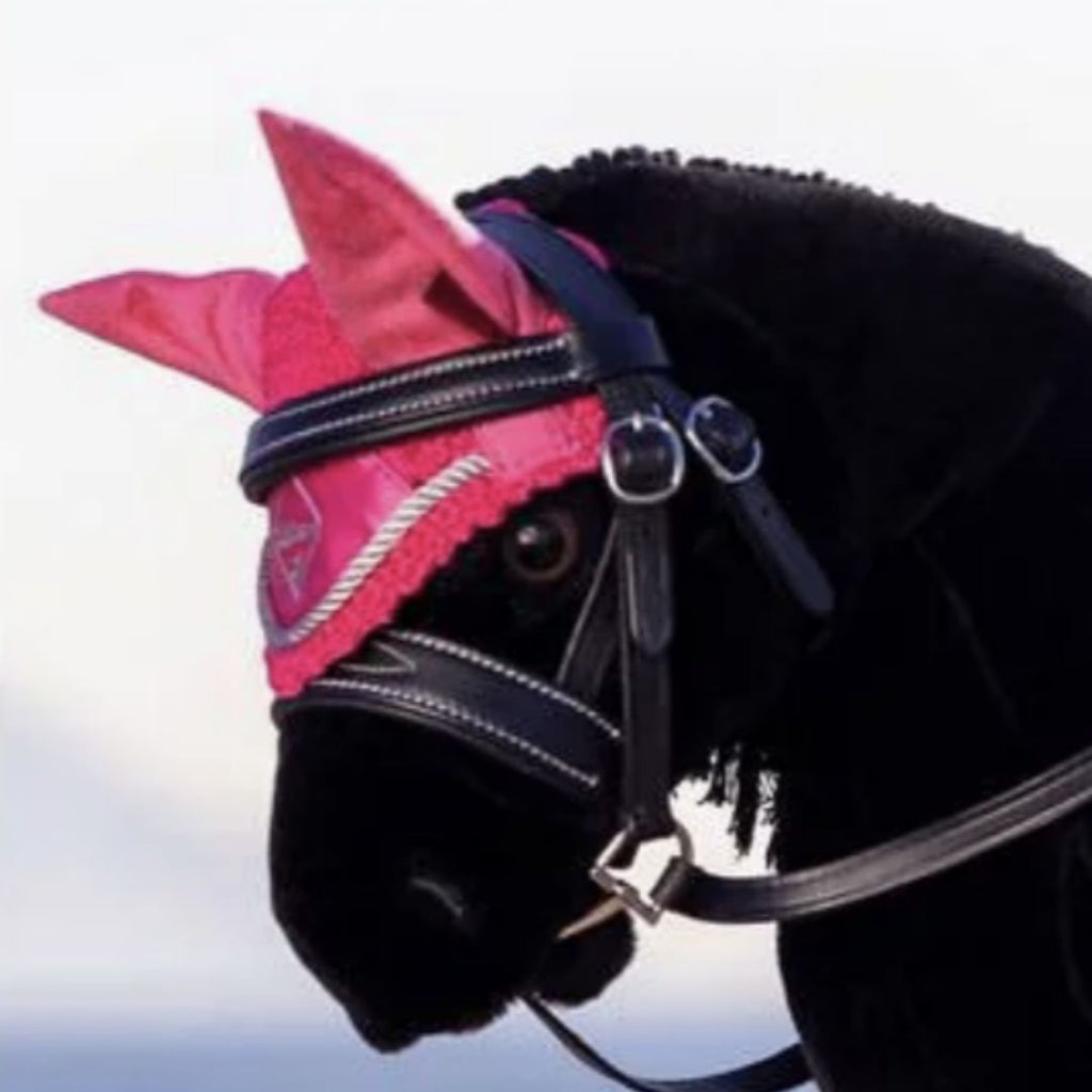LeMieux Toy Pony Fly Bonnet & Black Bridle on Skye - Watermelon Pink | Malvern Saddlery