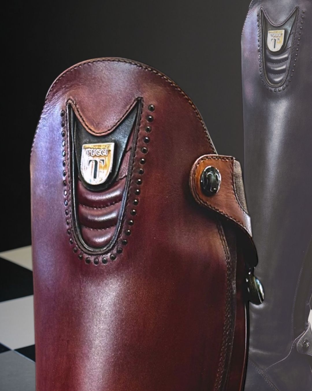 Tucci Harley Dress Boot - Custom Design - Wine w/black trim & crystal detail; Close up of top detail shown on with black background | Equestrian Riding Boots | Malvern Saddlery